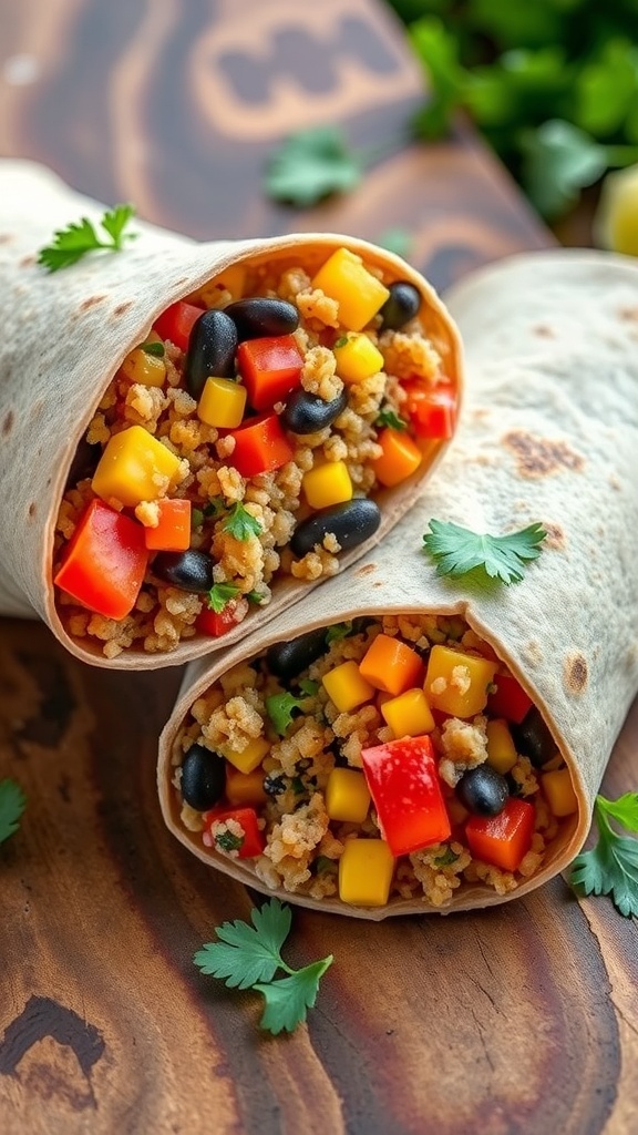 A spicy Mexican quinoa wrap filled with quinoa, black beans, corn, and bell peppers, garnished with cilantro, on a wooden table.